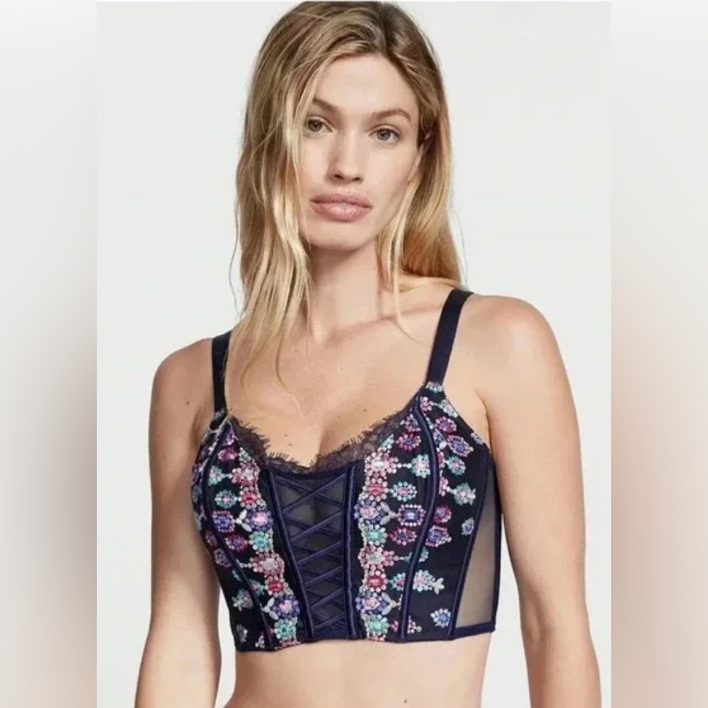 Victoria's Secret Dream Angels Navy Floral Embroidered Lace-Up Corset Top XS